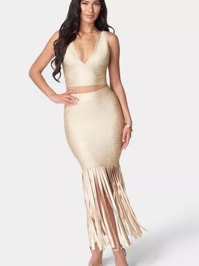 Bebe Metallic Taupe Fringe Pencil Skirt set - Women's